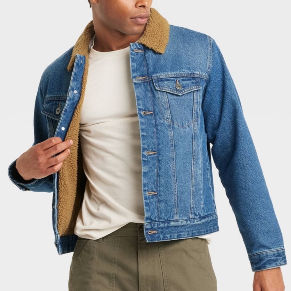 Goodfellow Men Faux Shearling Lined Denim Trucker Jacket